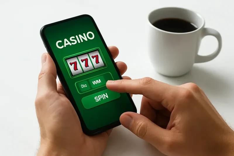 Man's hands tapping mobile casino interface on phone at desk
