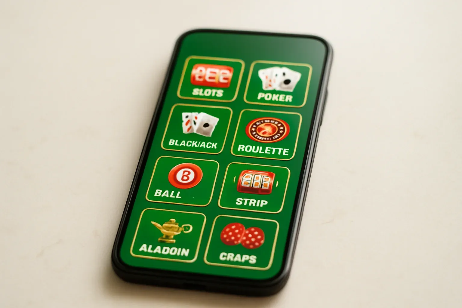 Smartphone on white marble showing bright casino game selection grid