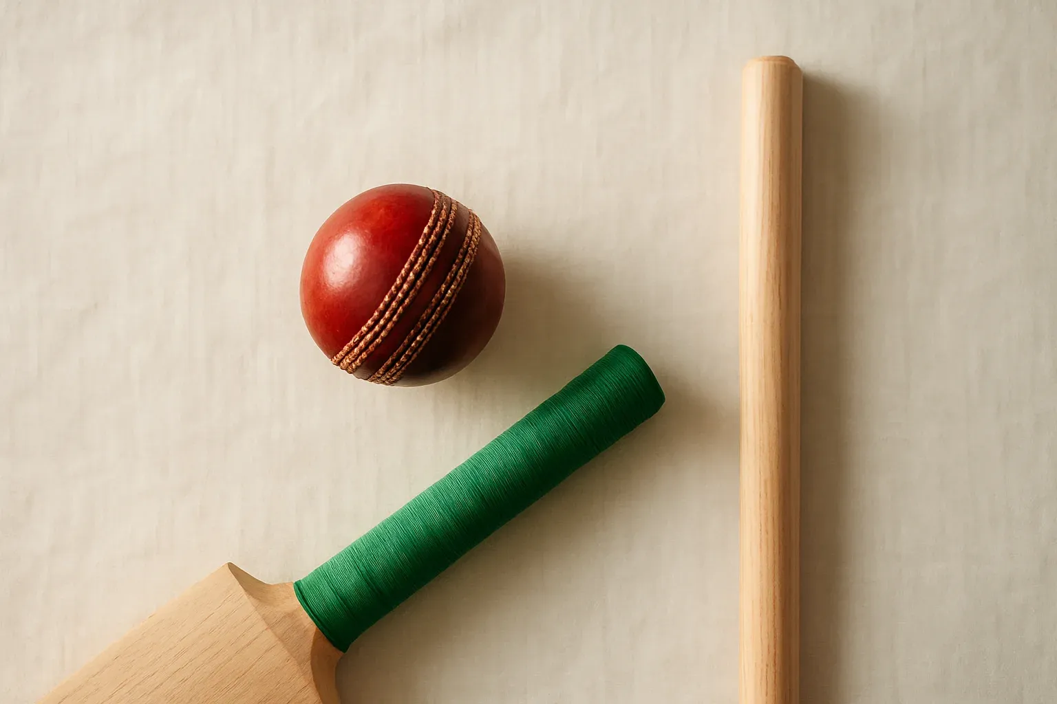Overhead flat lay of cricket ball, bat handle, and stump