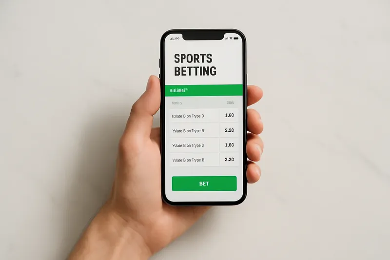 Hand holding smartphone showing sports betting odds on marble surface