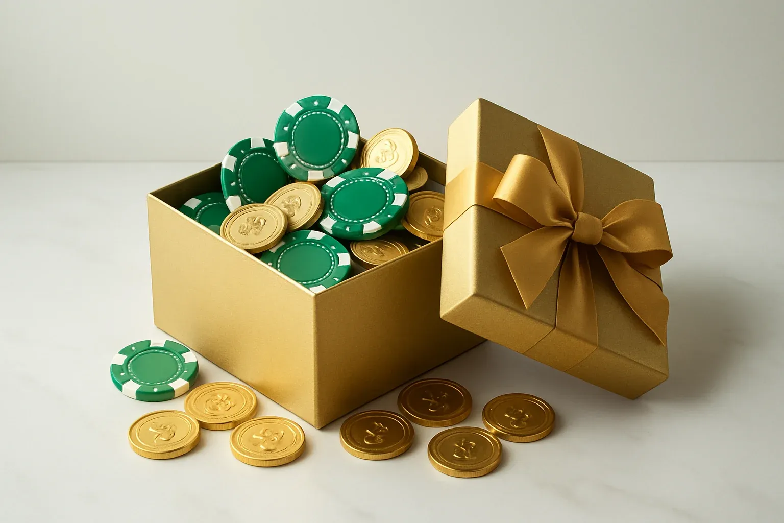 Golden gift box overflowing with poker chips and gold coins