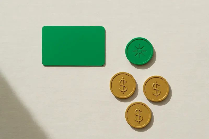 Loyalty card, bonus token and three gold coins on white linen