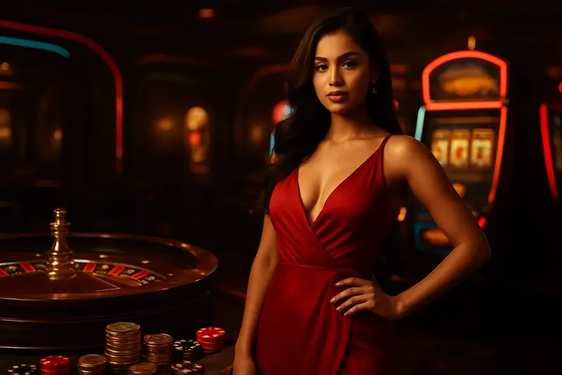 Elegant Casino Banner Beautiful woman in red dress posing confidently near roulette and slot machines in a luxury Bangladeshi casino with neon accents, gold coins, and poker chips