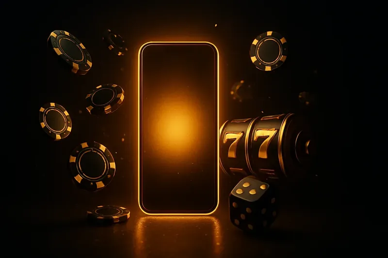 Glowing Smartphone Casino Banner Promotional banner with glowing smartphone, casino chips, slot reels, dice, gold accents, and festive lighting