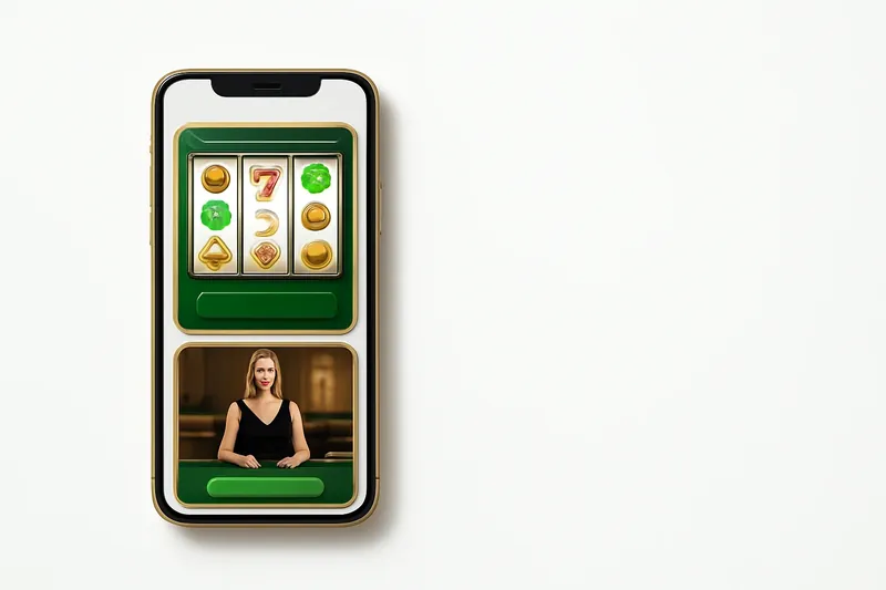 Mobile phone showing casino app with slots and live casino games