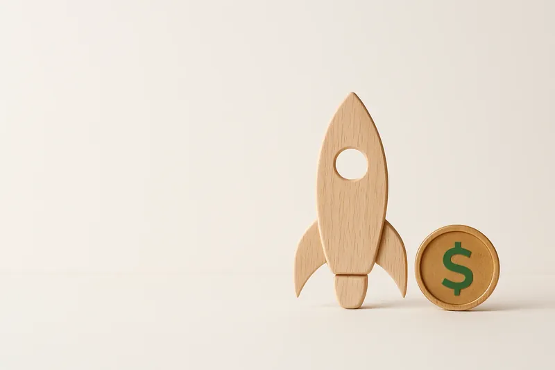 Minimalist rocket icon with gold coin on white background