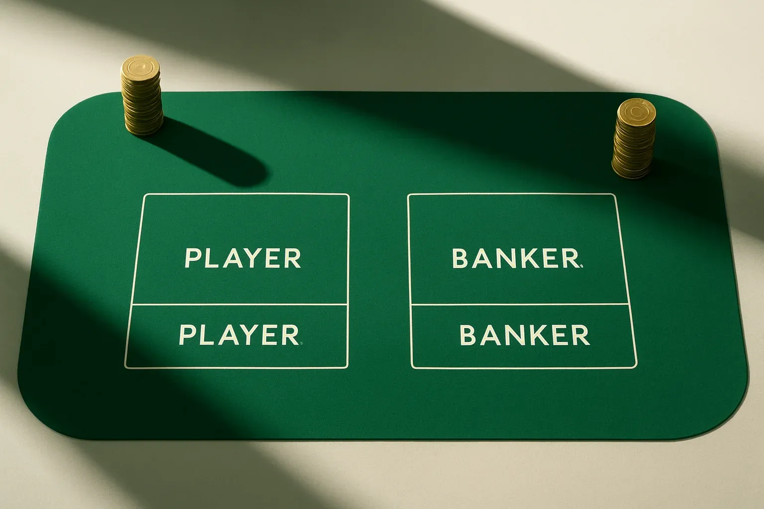 Overhead view of live baccarat table with gold chip towers