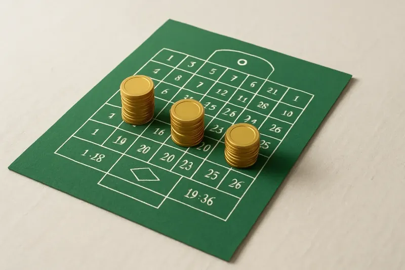 Top-down roulette table layout with gold chip stacks on green felt